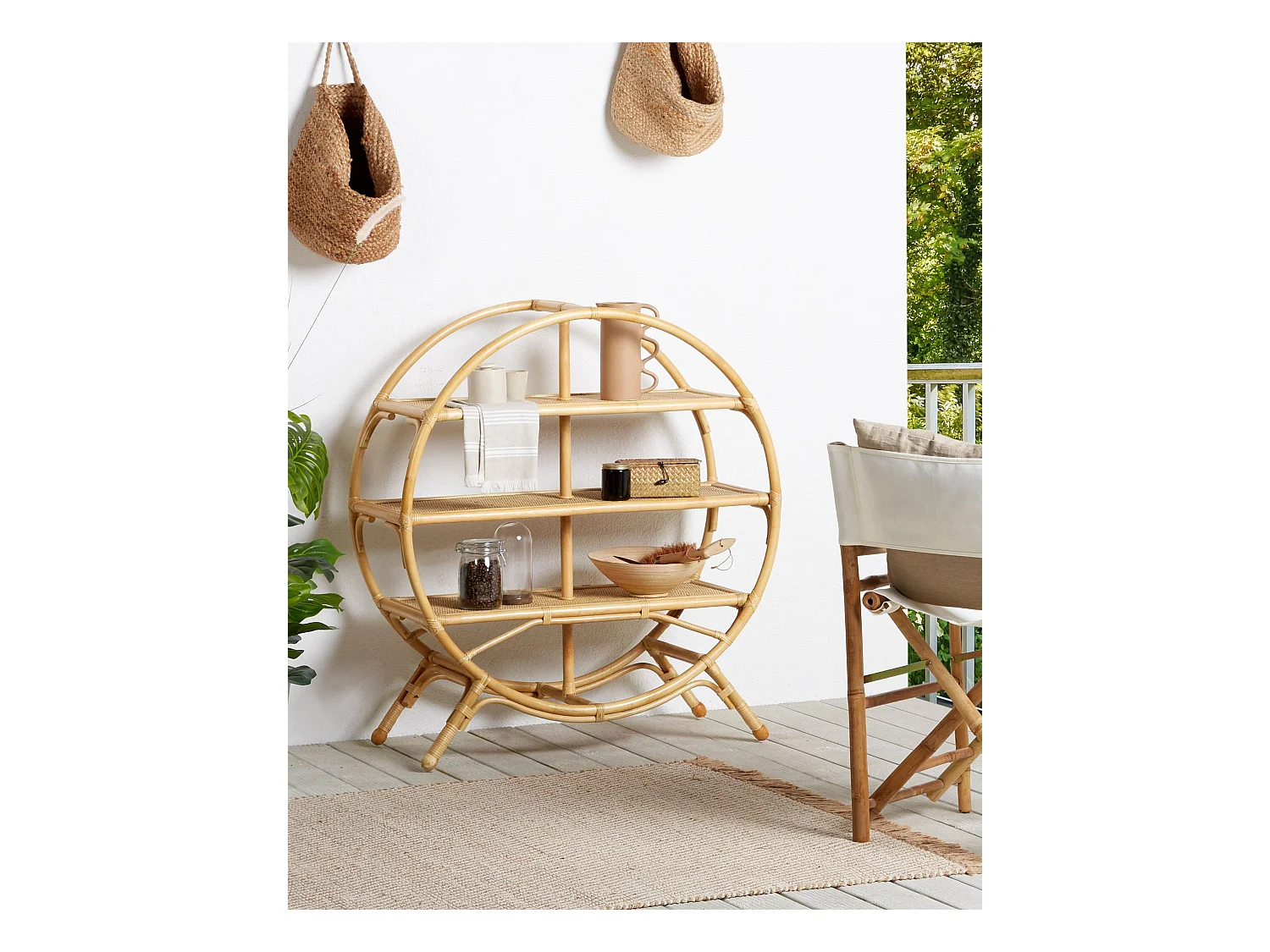 Modernes offenes Standregal mit 3 Fächern Rattan natürlich beige Boho Tuvalu II