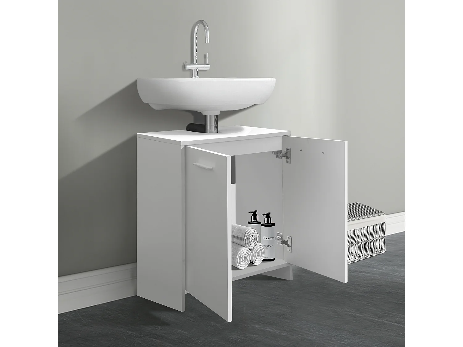 Meuble sous lavabo blanc armoire bas 2 portes 1 espace rangement ML-DESIGN