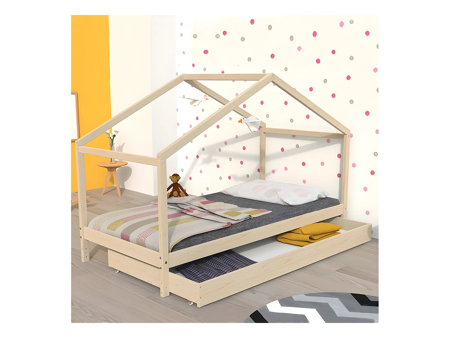 Lit cabane KOALA 90x190 + 1 sommier + 1 Tiroir / Naturel