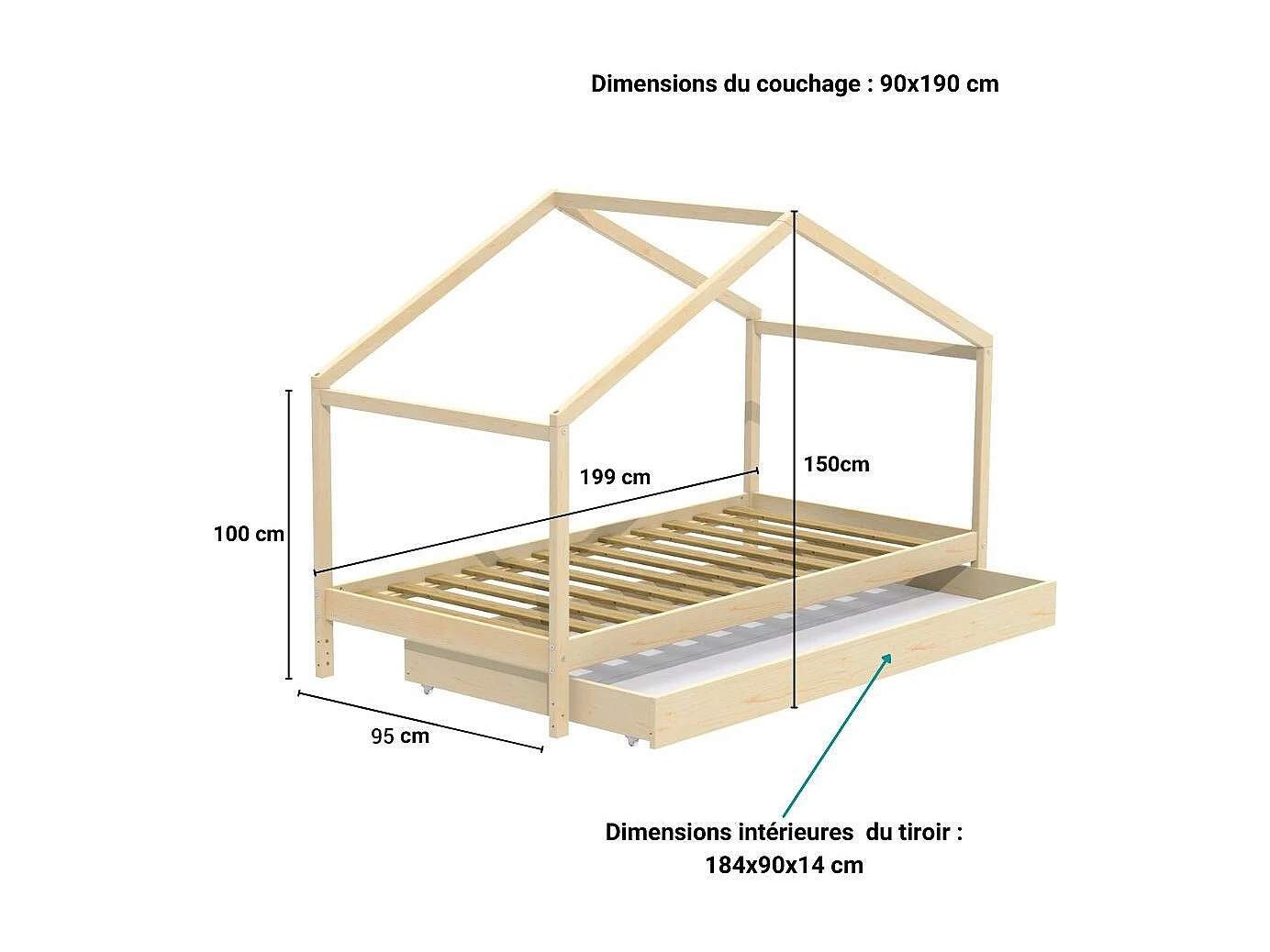 Lit cabane KOALA 90x190 + 1 sommier + 1 Tiroir / Naturel