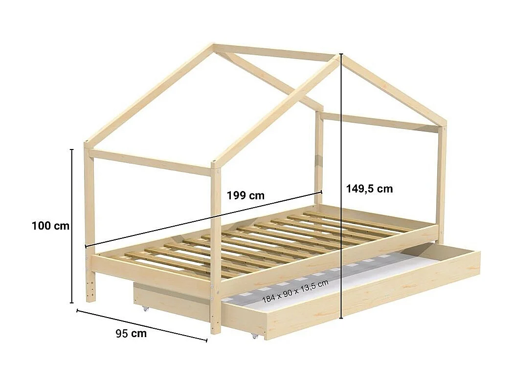 Lit cabane KOALA 90x190 + 1 sommier + 1 Tiroir / Naturel