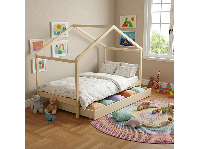 Lit cabane KOALA 90x190 + 1 sommier + 1 Tiroir / Naturel