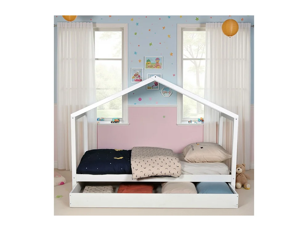 Lit cabane KOALA 90x190 + 1 sommier + 1 Tiroir / Blanc