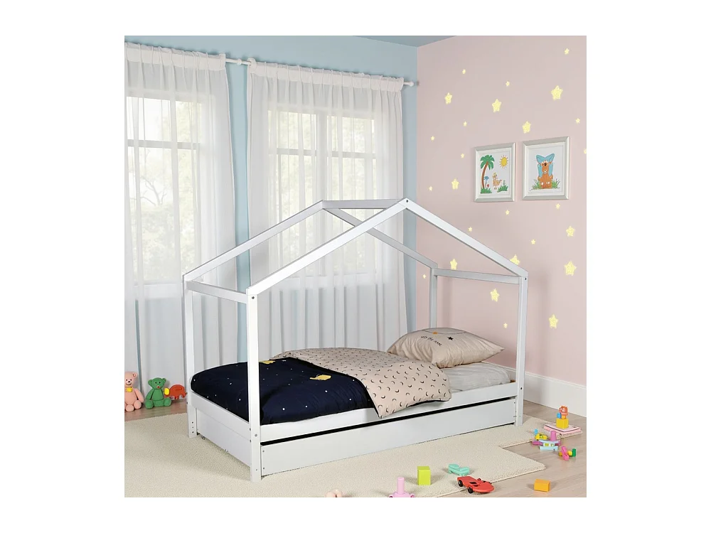 Lit cabane KOALA 90x190 + 1 sommier + 1 Tiroir / Blanc