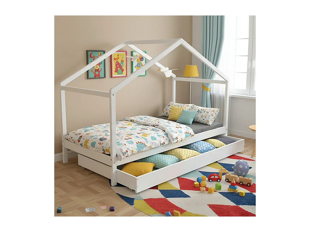 Lit cabane KOALA 90x190 + 1 sommier + 1 Tiroir / Blanc