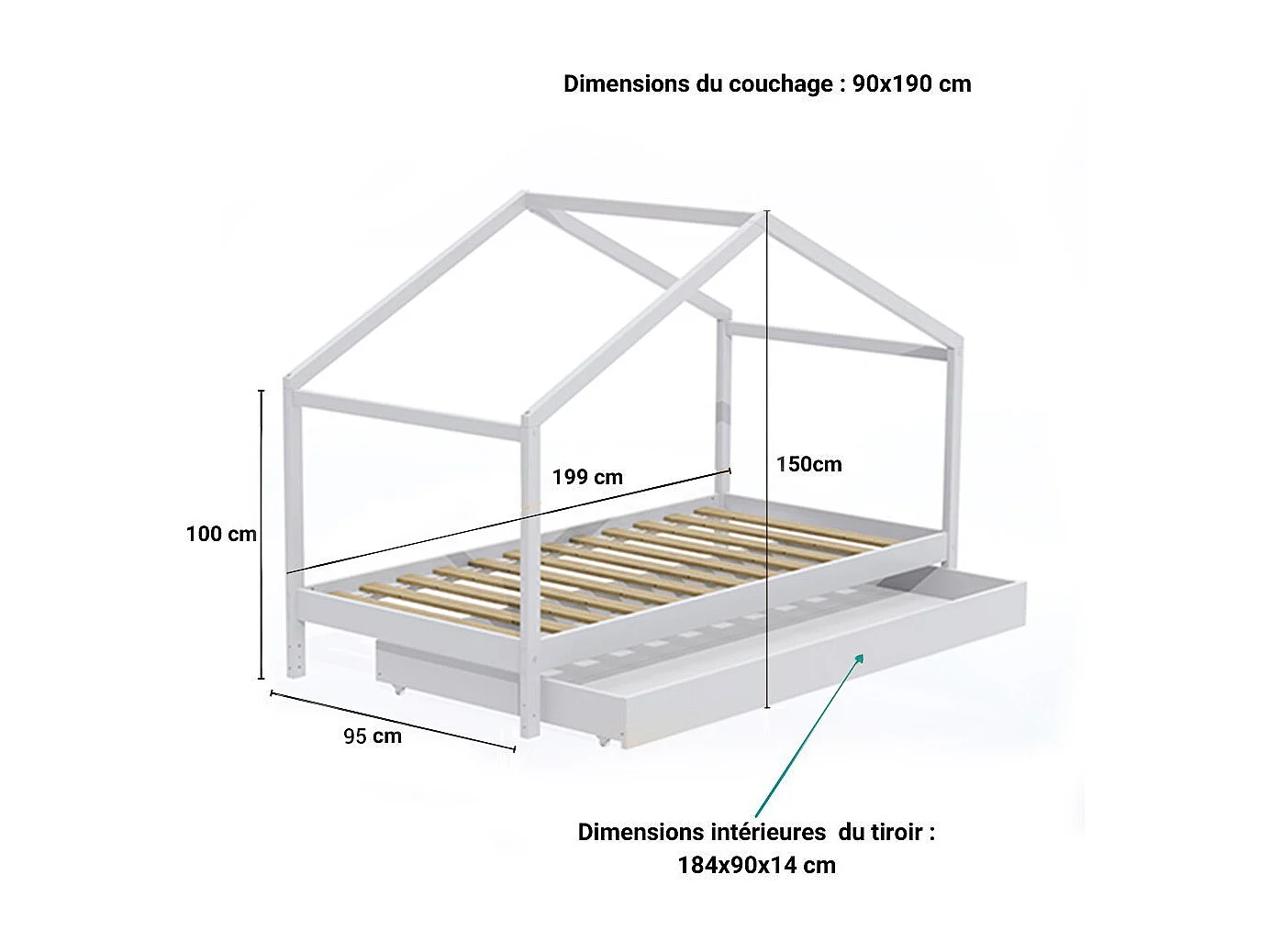 Lit cabane KOALA 90x190 + 1 sommier + 1 Tiroir / Blanc