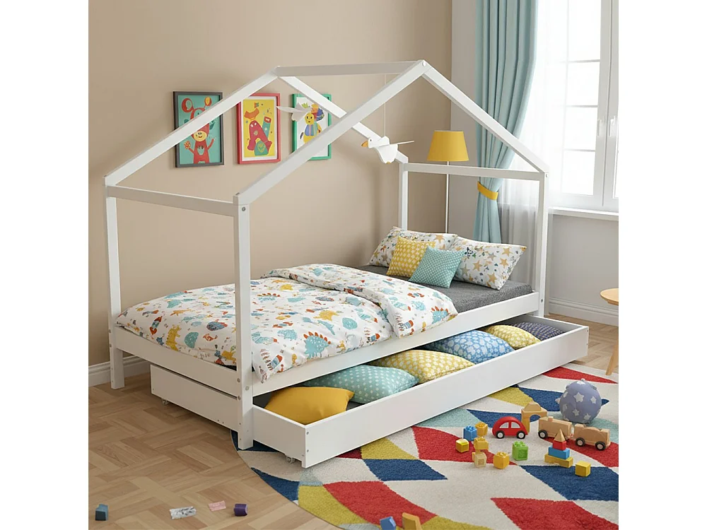 Lit cabane KOALA 90x190 + 1 sommier + 1 Tiroir / Blanc