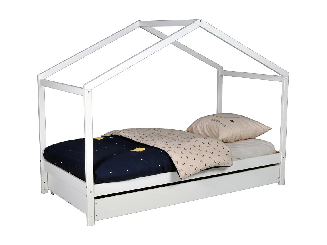 Lit cabane KOALA 90x190 + 1 sommier + 1 Tiroir / Blanc