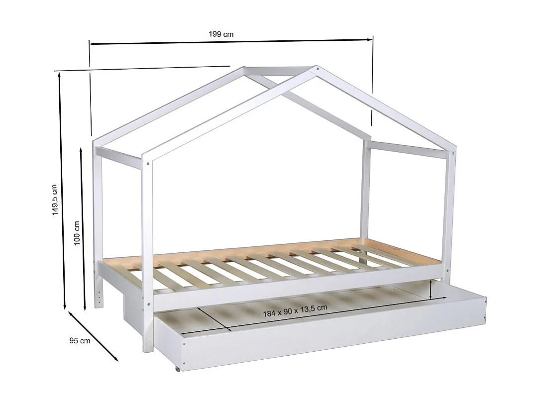 Lit cabane KOALA 90x190 + 1 sommier + 1 Tiroir / Blanc