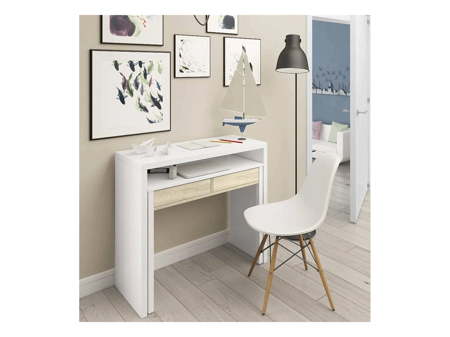 Billings Bureau, Bureau met uitschuifbaar blad, PC-bureau met 2 laden, 99x36h88 cm, Wit en Eiken