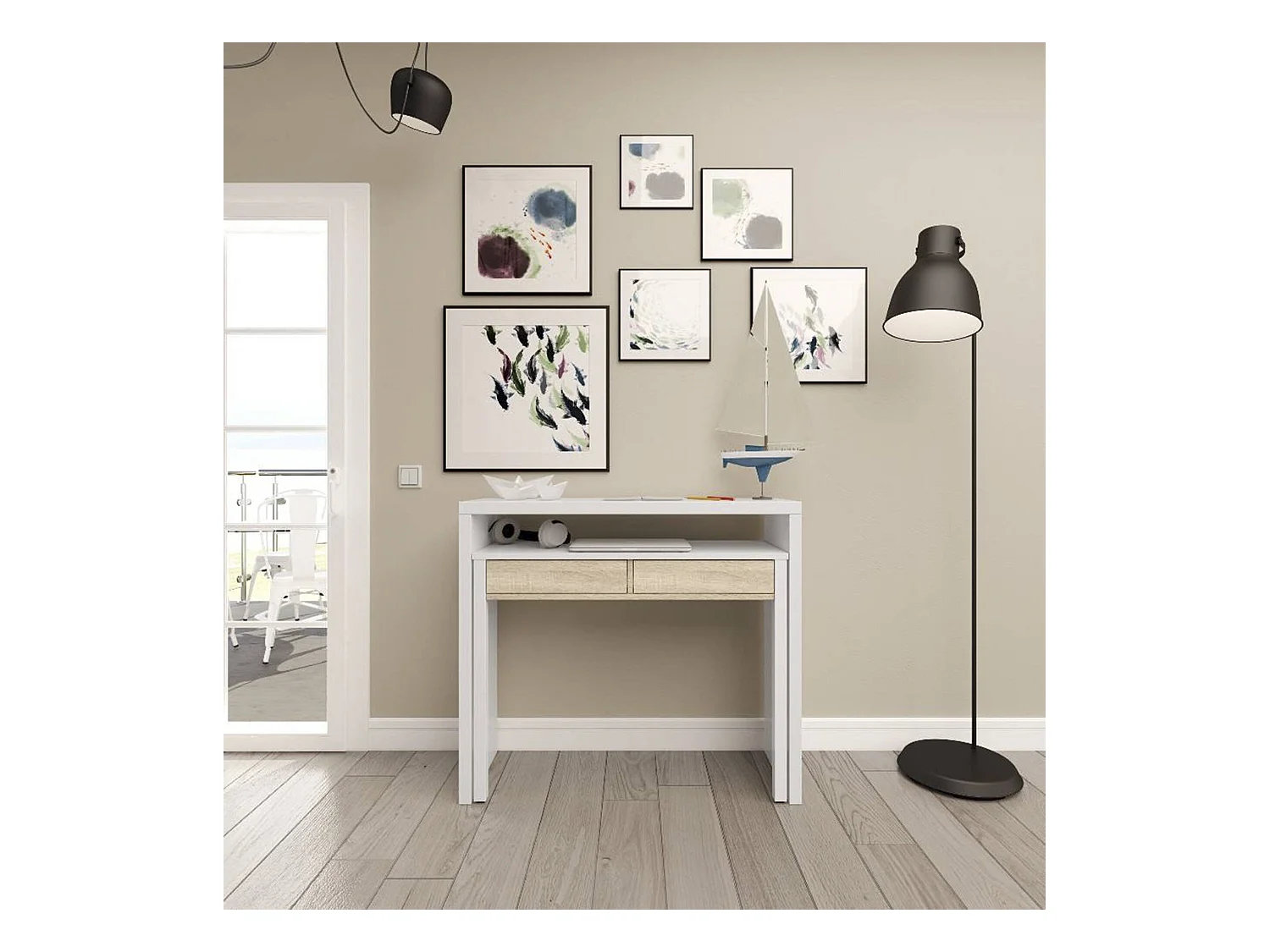 Billings Bureau, Bureau met uitschuifbaar blad, PC-bureau met 2 laden, 99x36h88 cm, Wit en Eiken