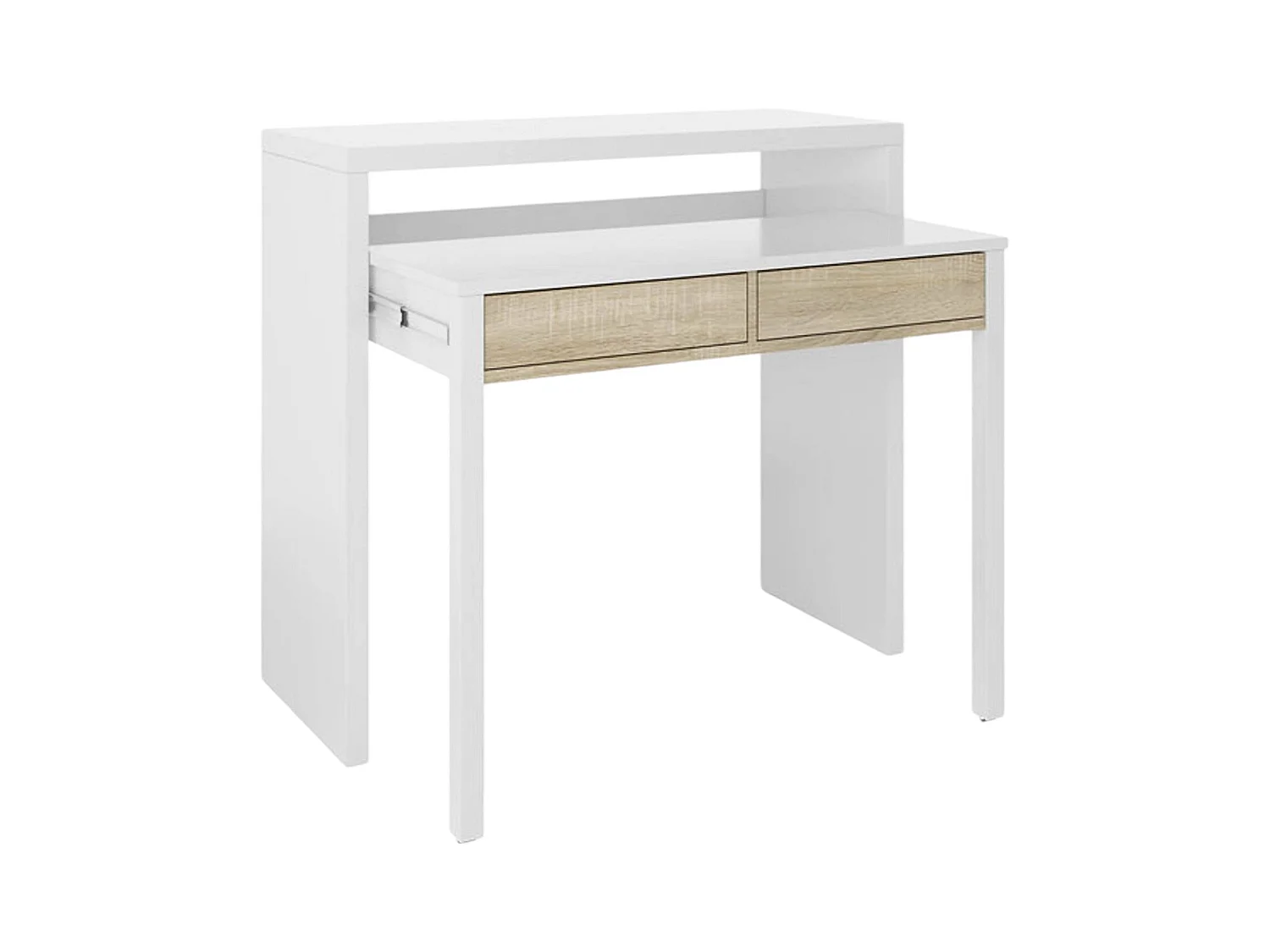 Scrivania Billings, Scrivania con piano estensibile, Scrittoio porta PC con 2 cassetti, 99x36h88 cm, Bianco e Rovere