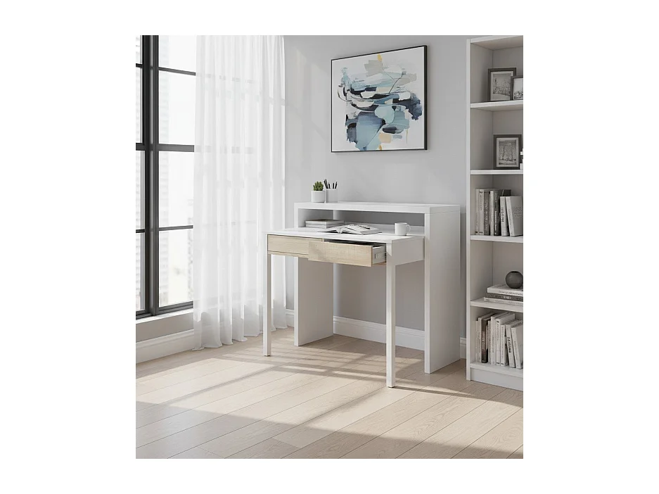 Scrivania Billings, Scrivania con piano estensibile, Scrittoio porta PC con 2 cassetti, 99x36h88 cm, Bianco e Rovere