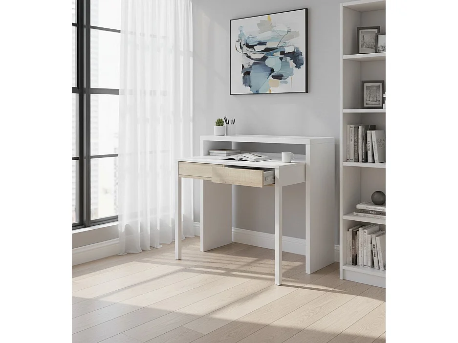 Billings Bureau, Bureau met uitschuifbaar blad, PC-bureau met 2 laden, 99x36h88 cm, Wit en Eiken