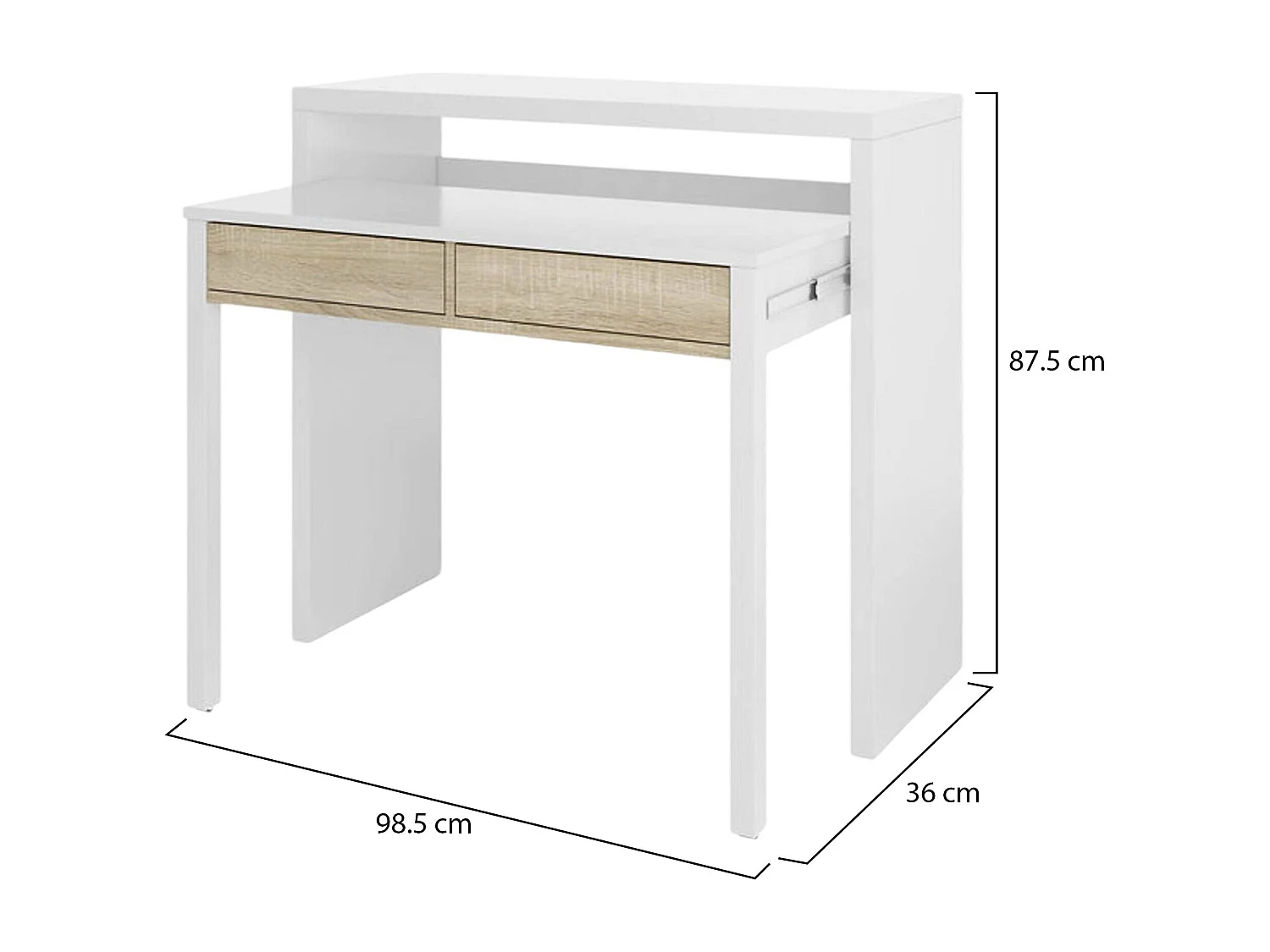 Billings Bureau, Bureau met uitschuifbaar blad, PC-bureau met 2 laden, 99x36h88 cm, Wit en Eiken