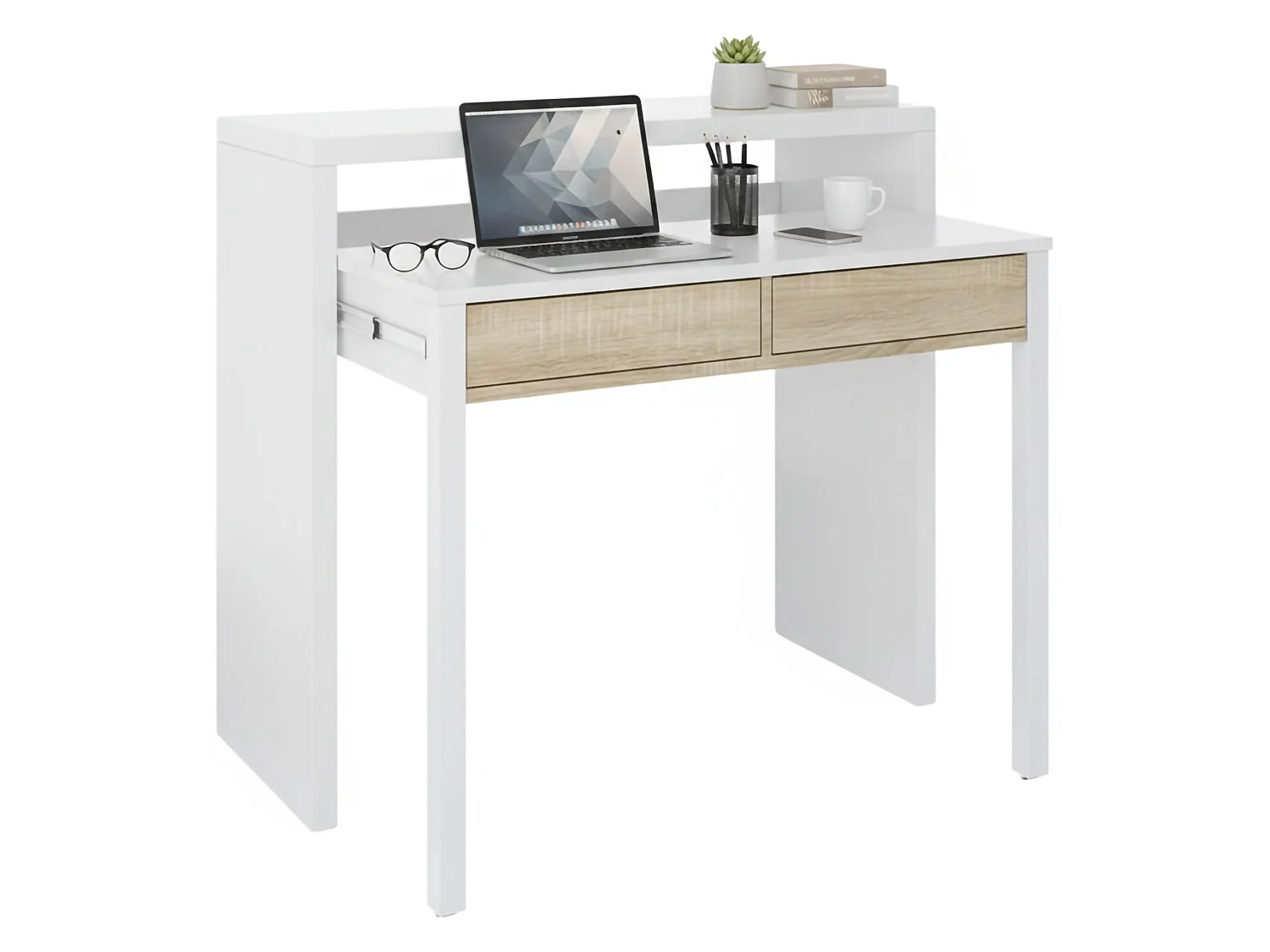 Dmora Scrivania 36x98.5x87.5h cm Bianco 2 Cassetti Supporto pc, Materiale Piano in Legno Nobilitato