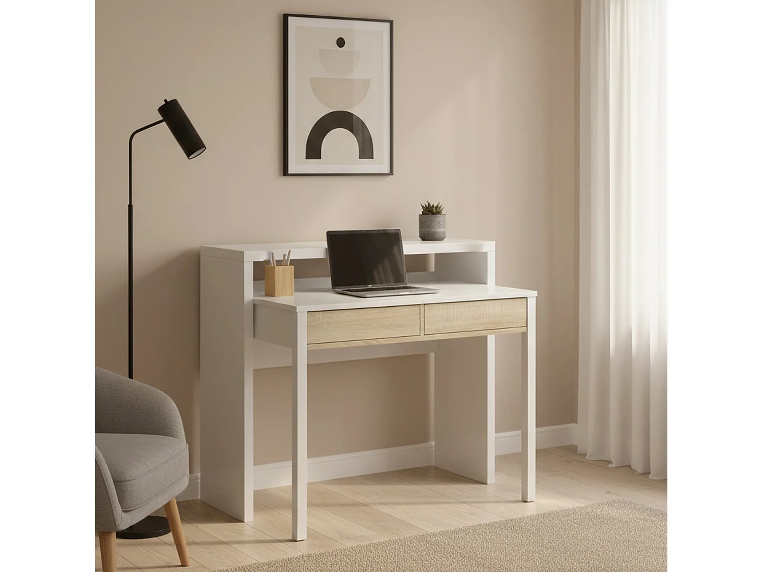 Dmora Scrivania 36x98.5x87.5h cm Bianco 2 Cassetti Supporto pc, Materiale Piano in Legno Nobilitato
