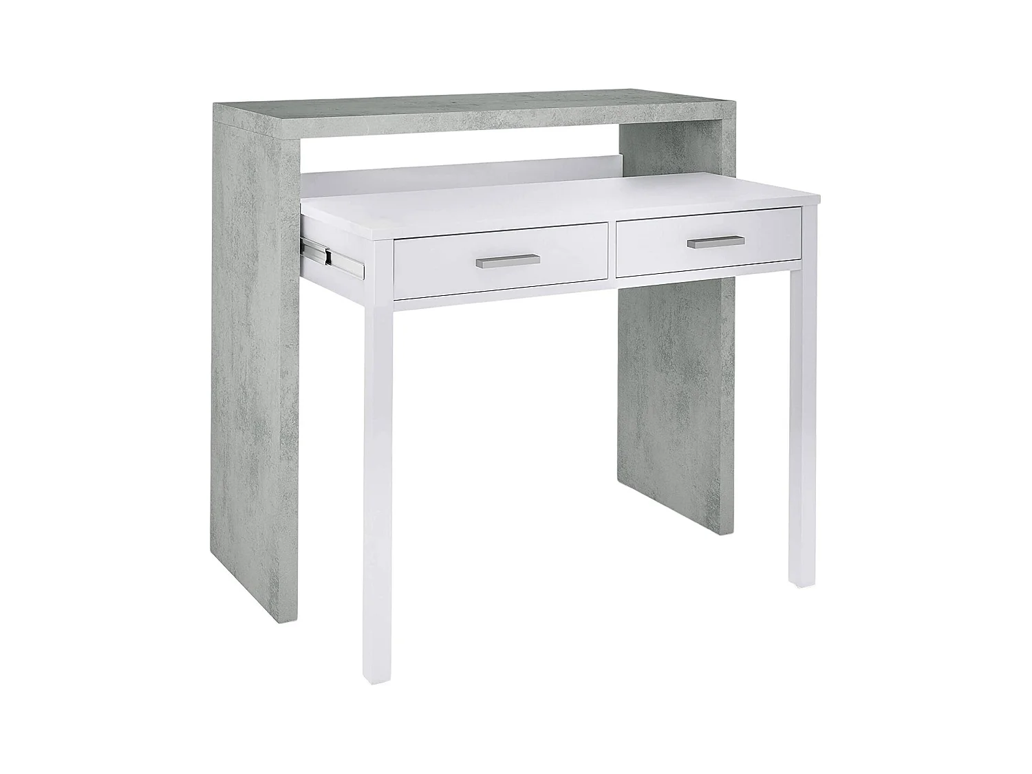 Bureau Billings, Bureau avec plateau extensible, Bureau PC avec 2 tiroirs, 99x36h88 cm, Ciment et Blanc