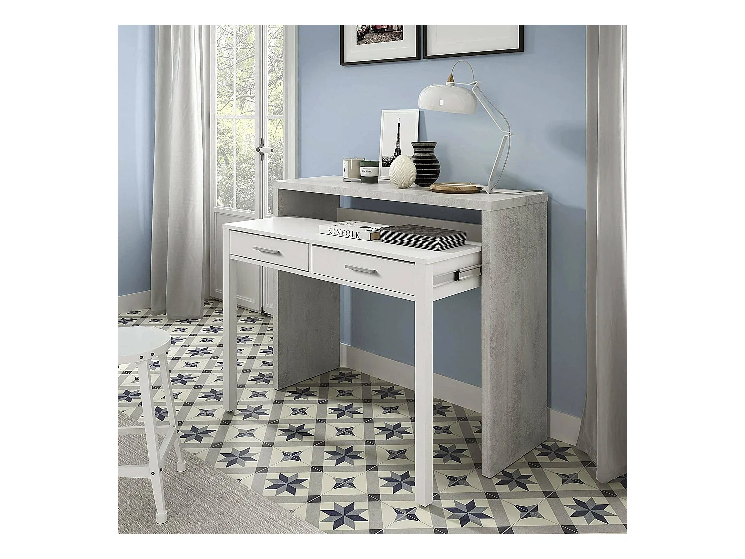 Bureau Billings, Bureau avec plateau extensible, Bureau PC avec 2 tiroirs, 99x36h88 cm, Ciment et Blanc