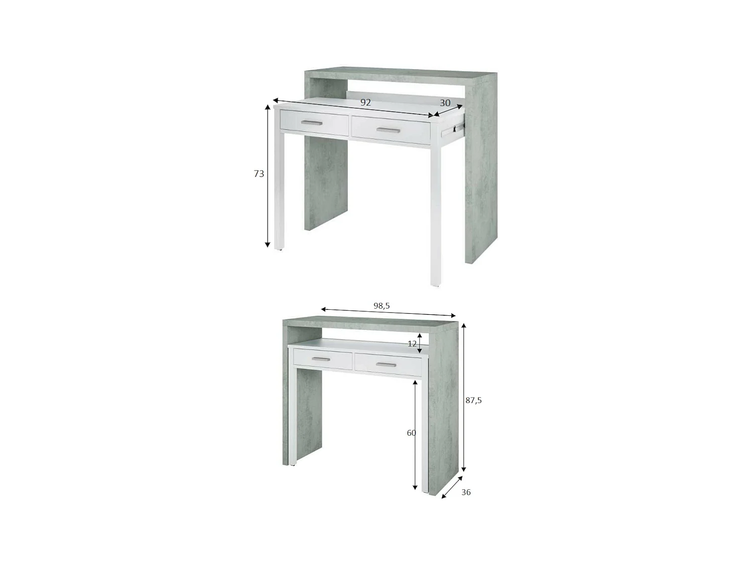 Bureau Billings, Bureau avec plateau extensible, Bureau PC avec 2 tiroirs, 99x36h88 cm, Ciment et Blanc