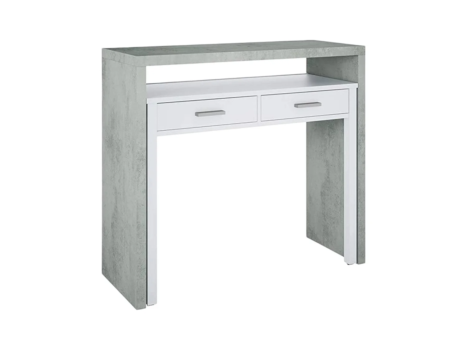Bureau Billings, Bureau avec plateau extensible, Bureau PC avec 2 tiroirs, 99x36h88 cm, Ciment et Blanc