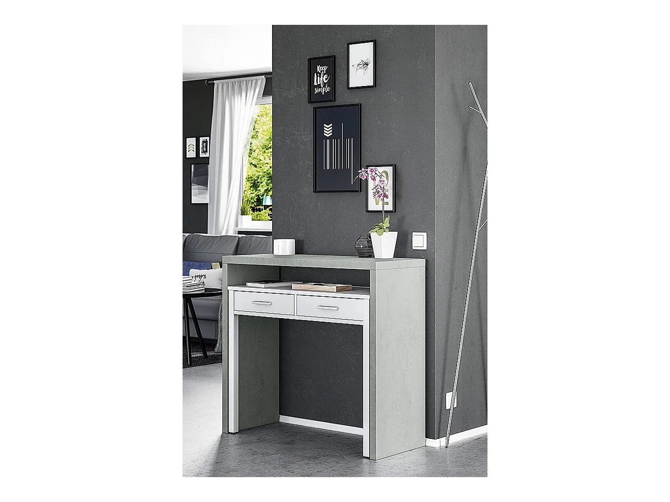 Bureau Billings, Bureau avec plateau extensible, Bureau PC avec 2 tiroirs, 99x36h88 cm, Ciment et Blanc