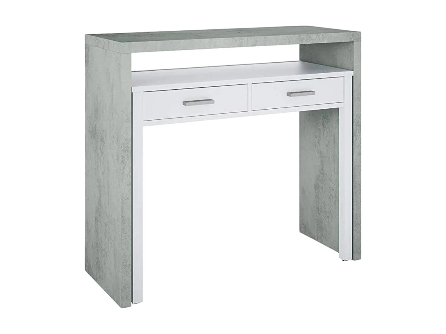 Bureau Billings, Bureau avec plateau extensible, Bureau PC avec 2 tiroirs, 99x36h88 cm, Ciment et Blanc