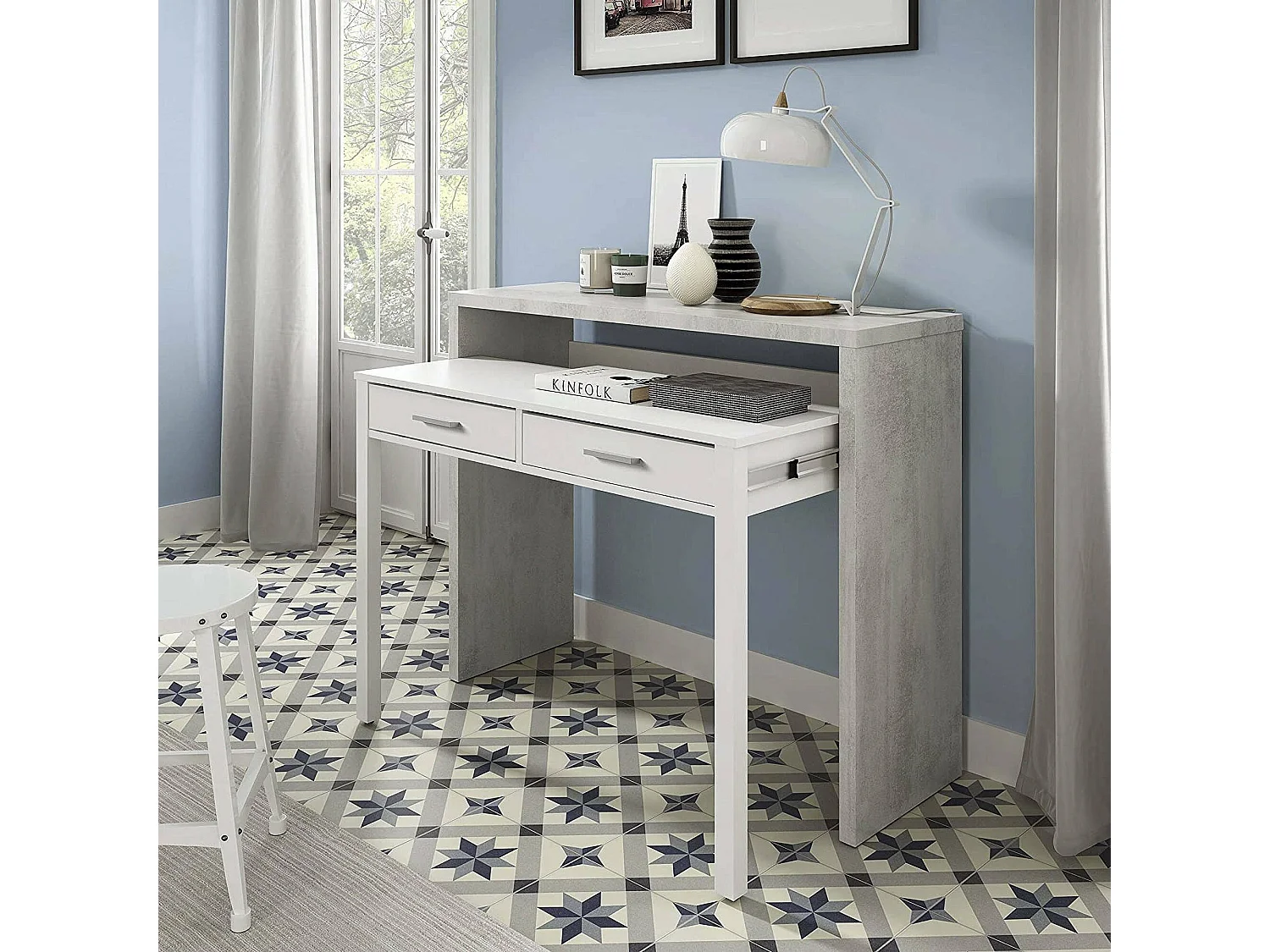 Bureau Billings, Bureau avec plateau extensible, Bureau PC avec 2 tiroirs, 99x36h88 cm, Ciment et Blanc