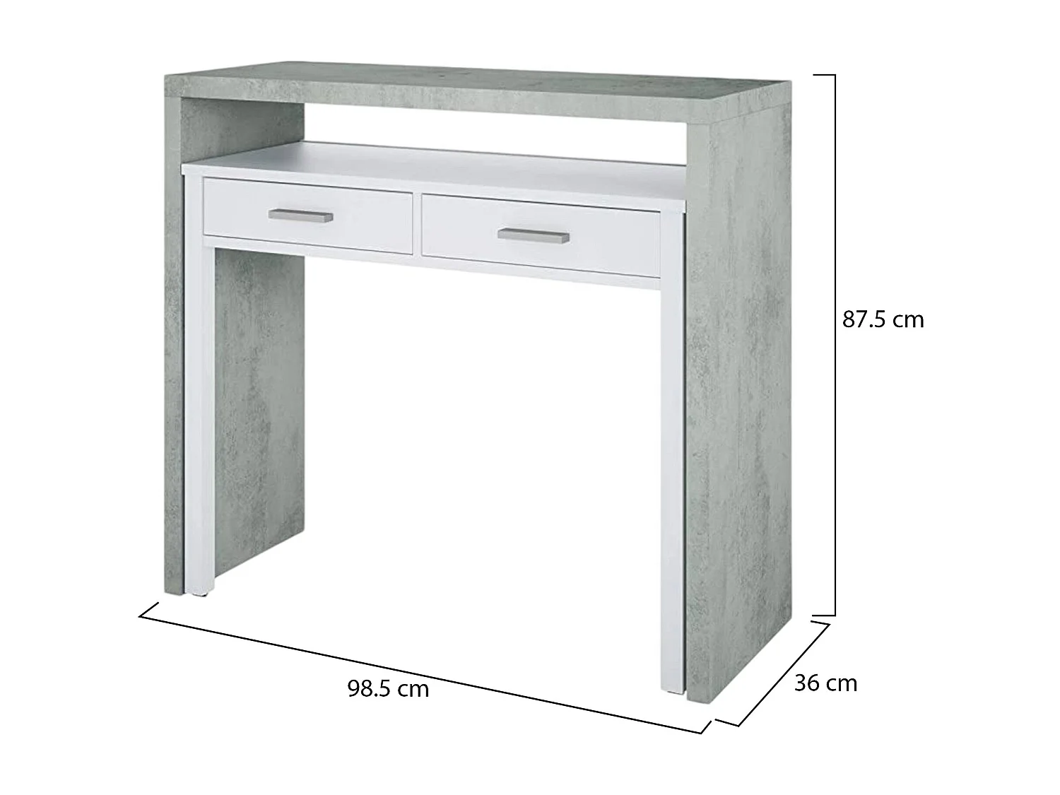 Bureau Billings, Bureau avec plateau extensible, Bureau PC avec 2 tiroirs, 99x36h88 cm, Ciment et Blanc