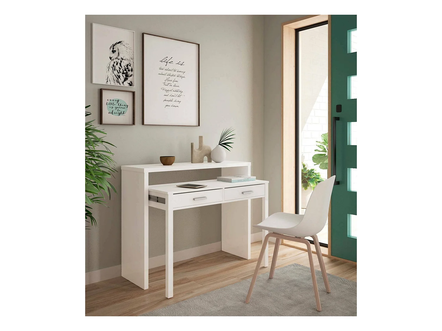 Scrivania Billings, Scrivania con piano estensibile, Scrittoio porta PC con 2 cassetti, 99x36h88 cm, Bianco