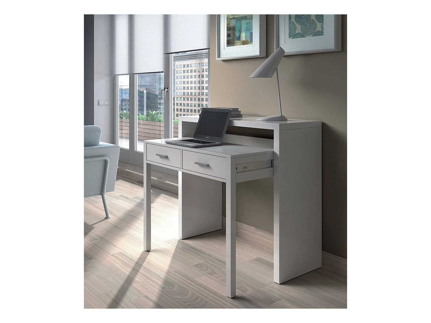 Scrivania Billings, Scrivania con piano estensibile, Scrittoio porta PC con 2 cassetti, 99x36h88 cm, Bianco