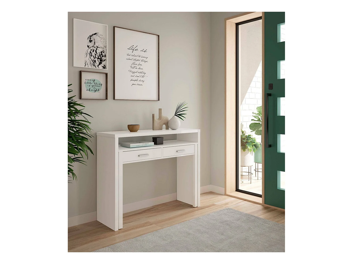 Scrivania Billings, Scrivania con piano estensibile, Scrittoio porta PC con 2 cassetti, 99x36h88 cm, Bianco