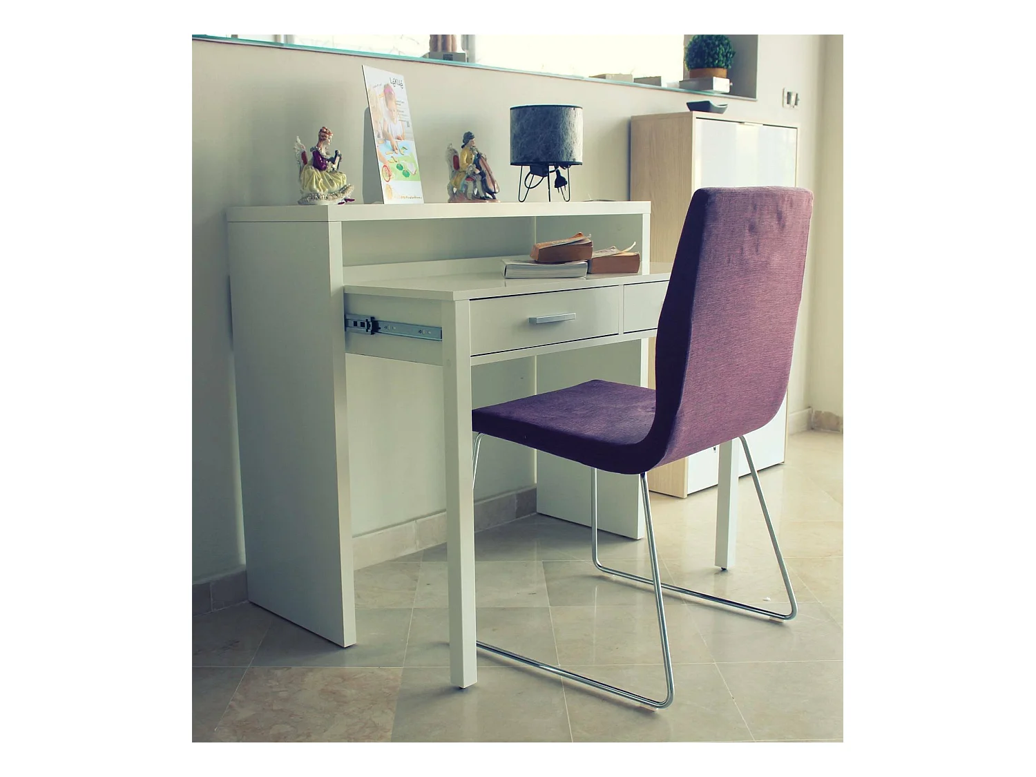 Bureau Billings, Bureau avec plateau extensible, Bureau PC avec 2 tiroirs, 99x36h88 cm, Blanc