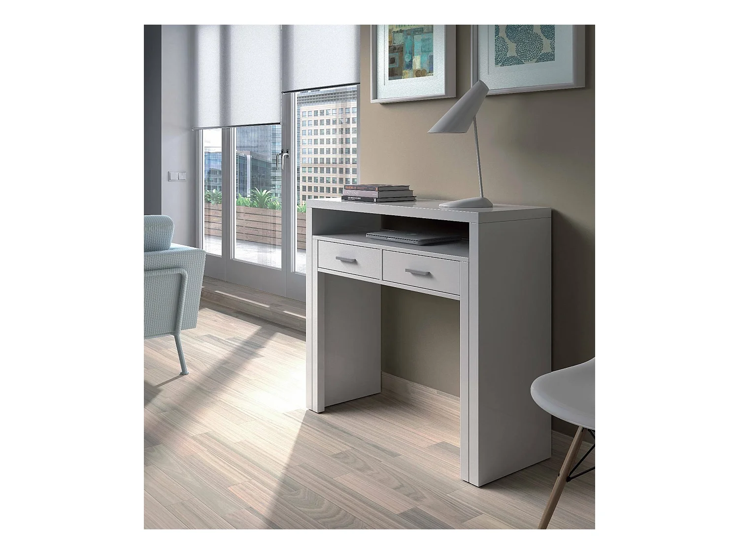 Bureau Billings, Bureau avec plateau extensible, Bureau PC avec 2 tiroirs, 99x36h88 cm, Blanc