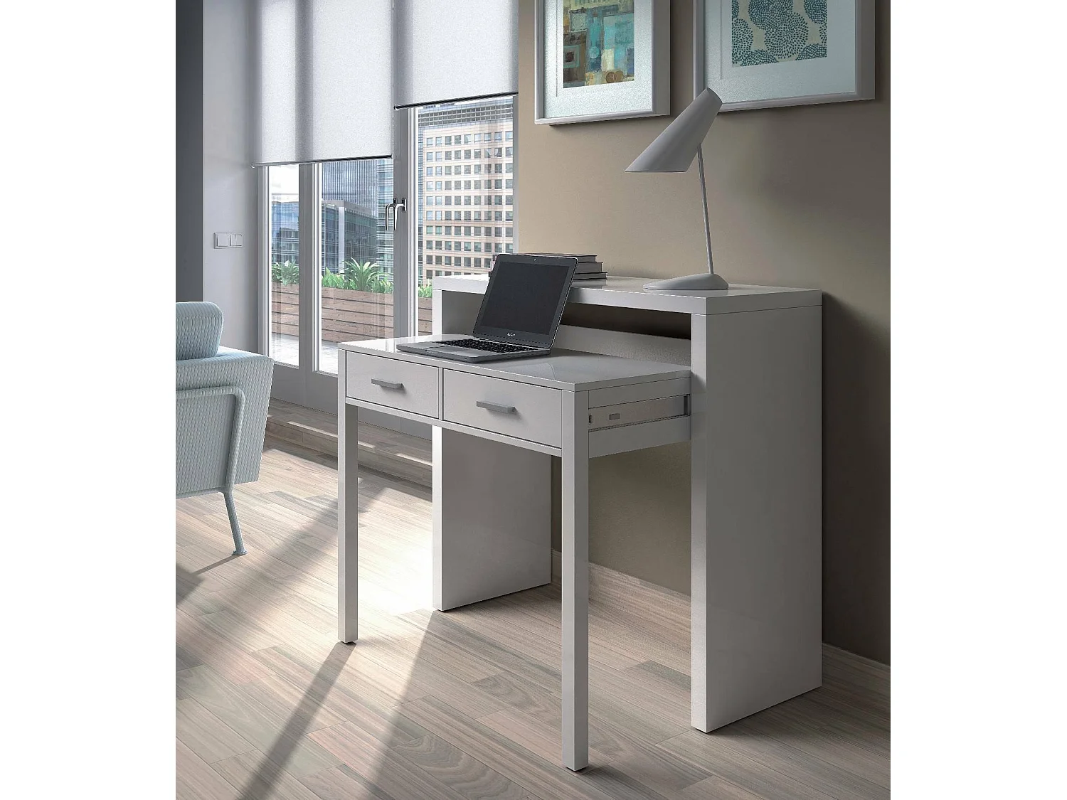 Mesa consola Billings, Escritorio con tapa extensible, escritorio para pc con 2 cajones, 99x36h88 cm, Blanco