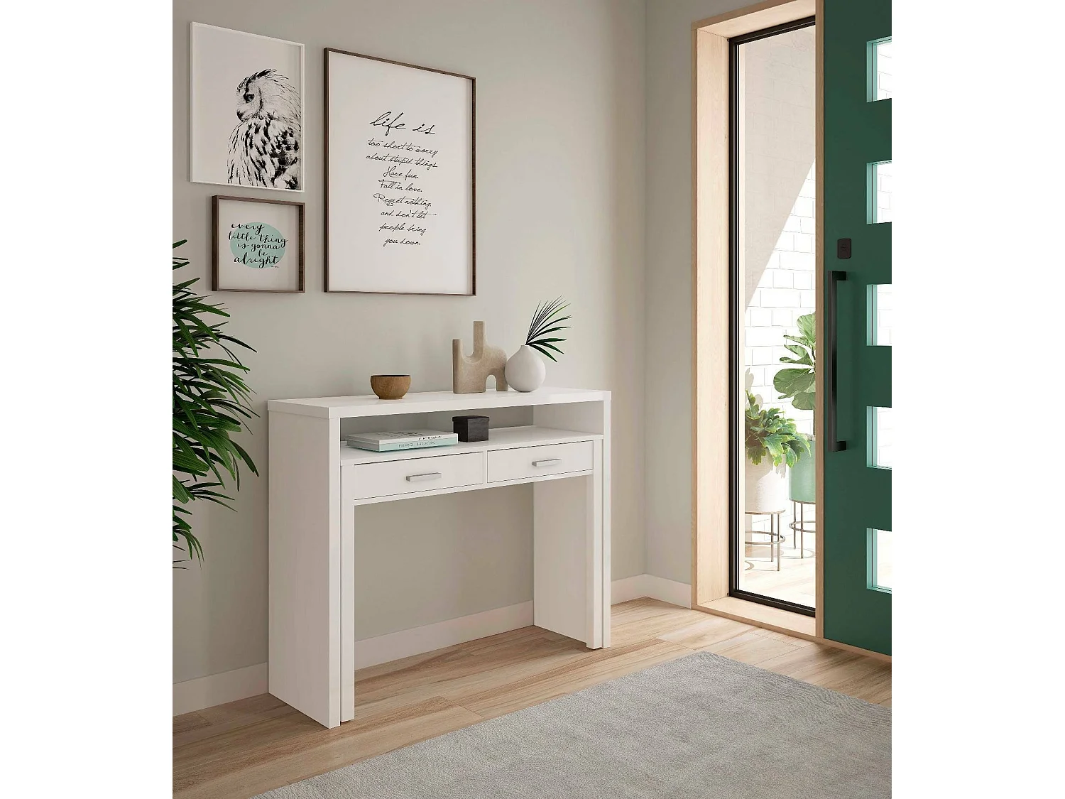 Mesa consola Billings, Escritorio con tapa extensible, escritorio para pc con 2 cajones, 99x36h88 cm, Blanco