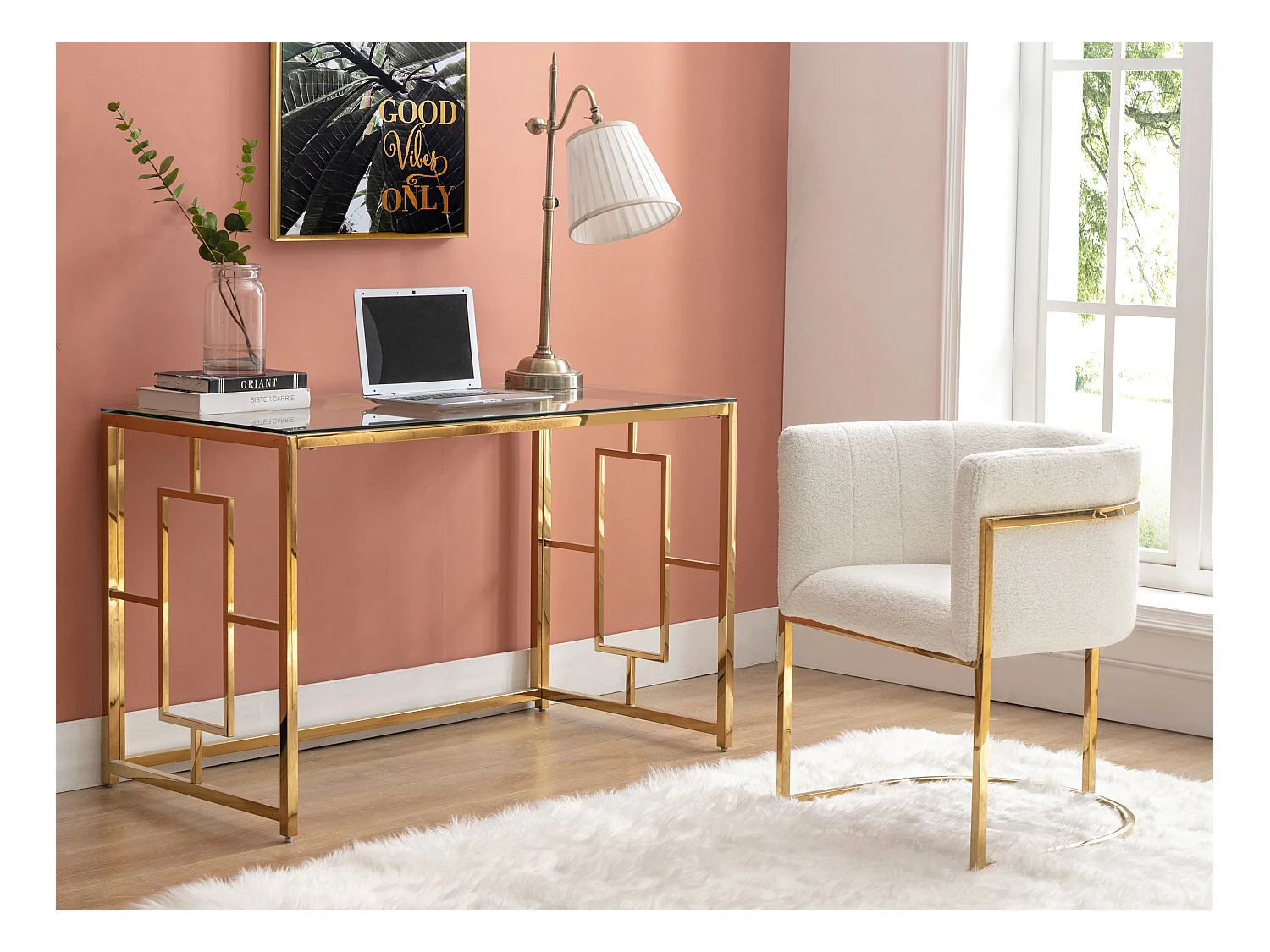 Lot de 6 chaises avec accoudoirs - Tissu bouclette et acier inoxydable - Blanc et doré - PERIA de Pascal MORABITO