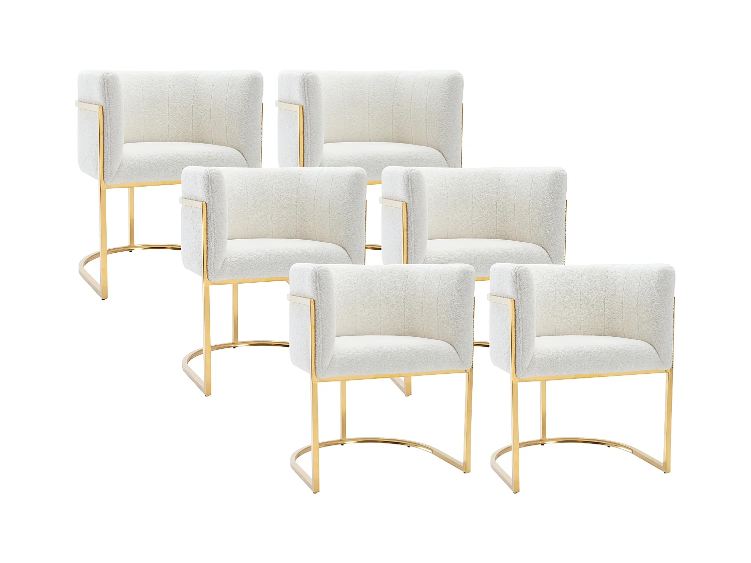 Lot de 6 chaises avec accoudoirs - Tissu bouclette et acier inoxydable - Blanc et doré - PERIA de Pascal MORABITO