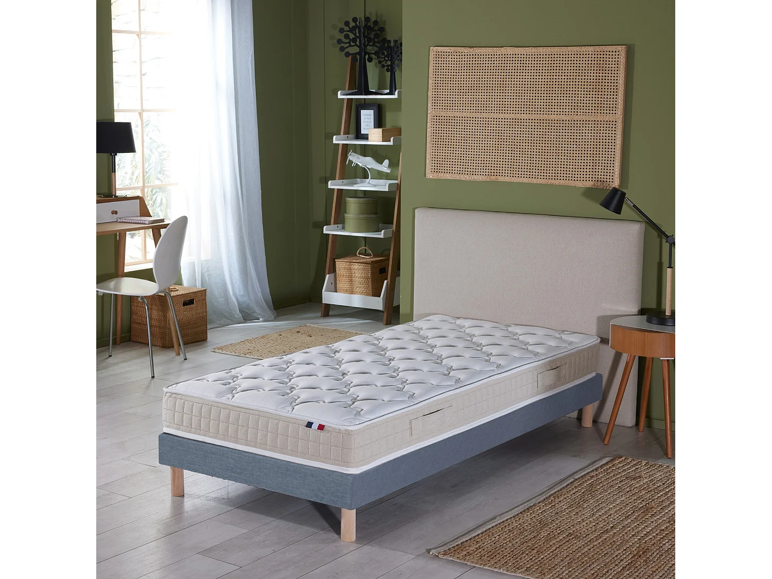 Ensemble matelas 100% latex 3 zones PURE avec sommier - confort français Dimensions - 90 x 190 cm, Sommier - Bleu denim