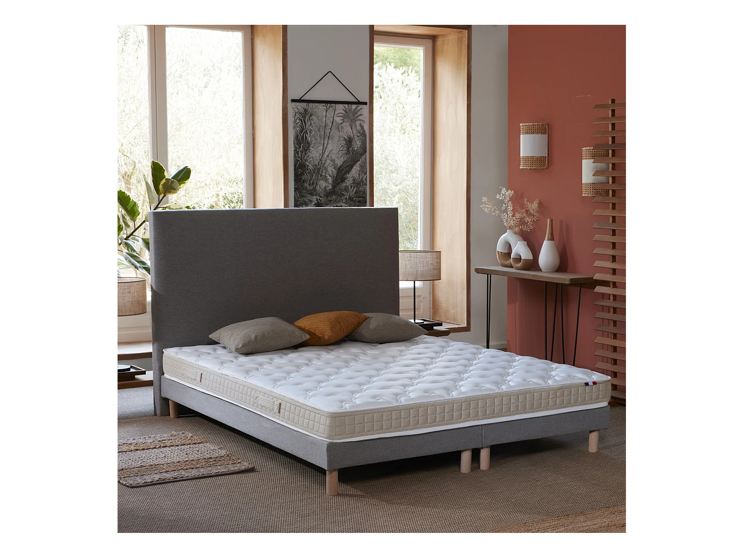 Ensemble matelas 100% latex 3 zones PURE avec sommier - confort français Dimensions - 2x80 x 200 cm, Sommier - Gris chiné