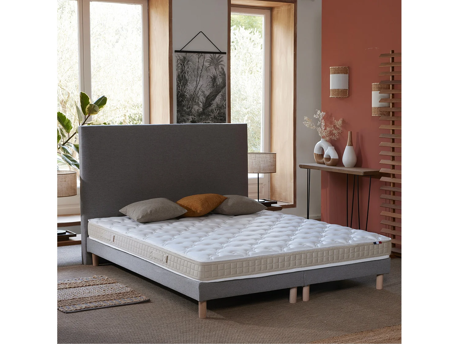 Ensemble matelas 100% latex 3 zones PURE avec sommier - confort français Dimensions - 2x80 x 200 cm, Sommier - Gris chiné