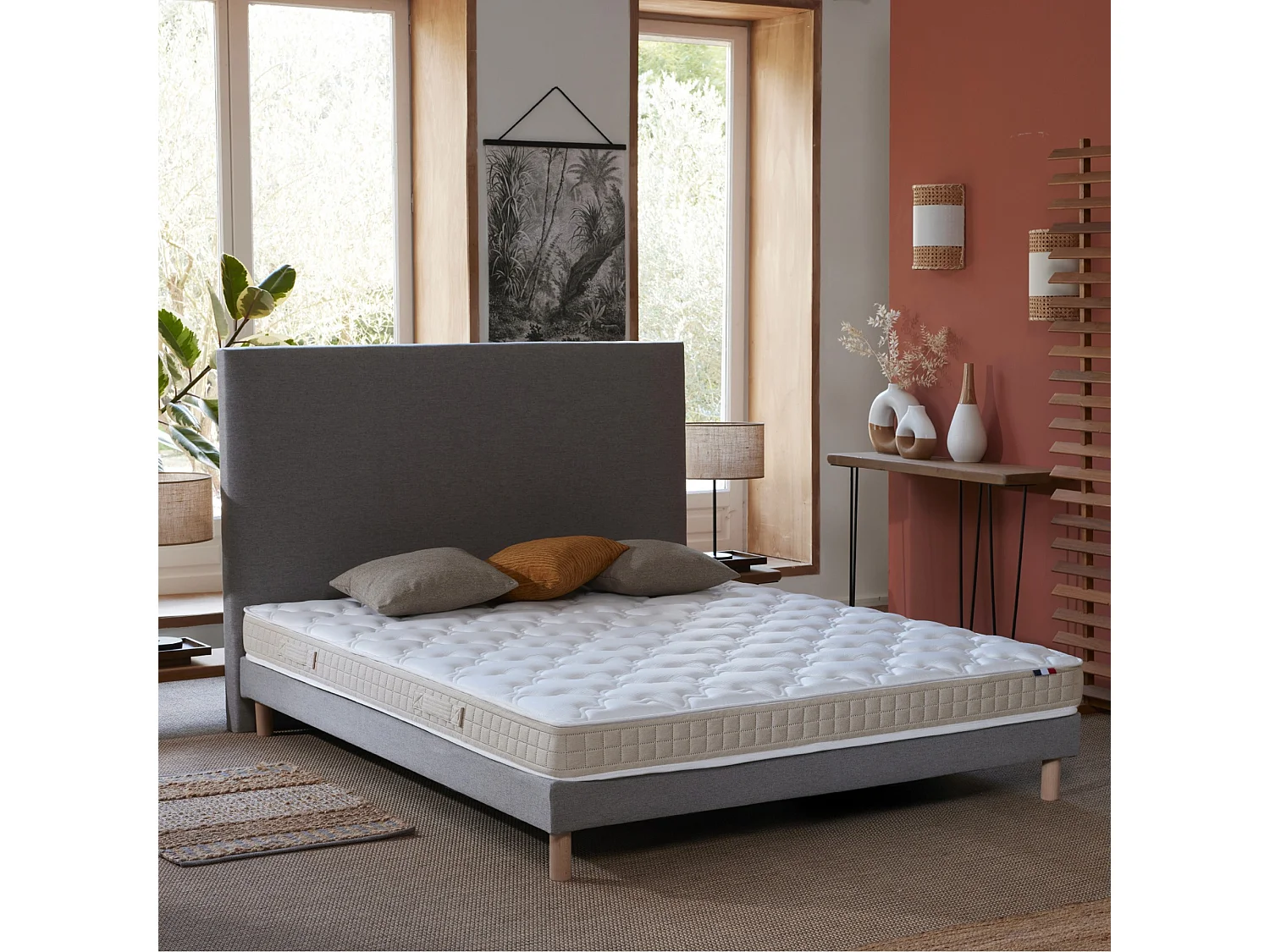 Ensemble matelas 100% latex 3 zones PURE avec sommier - confort français  - 140 x 190 cm, Sommier - Gris chiné