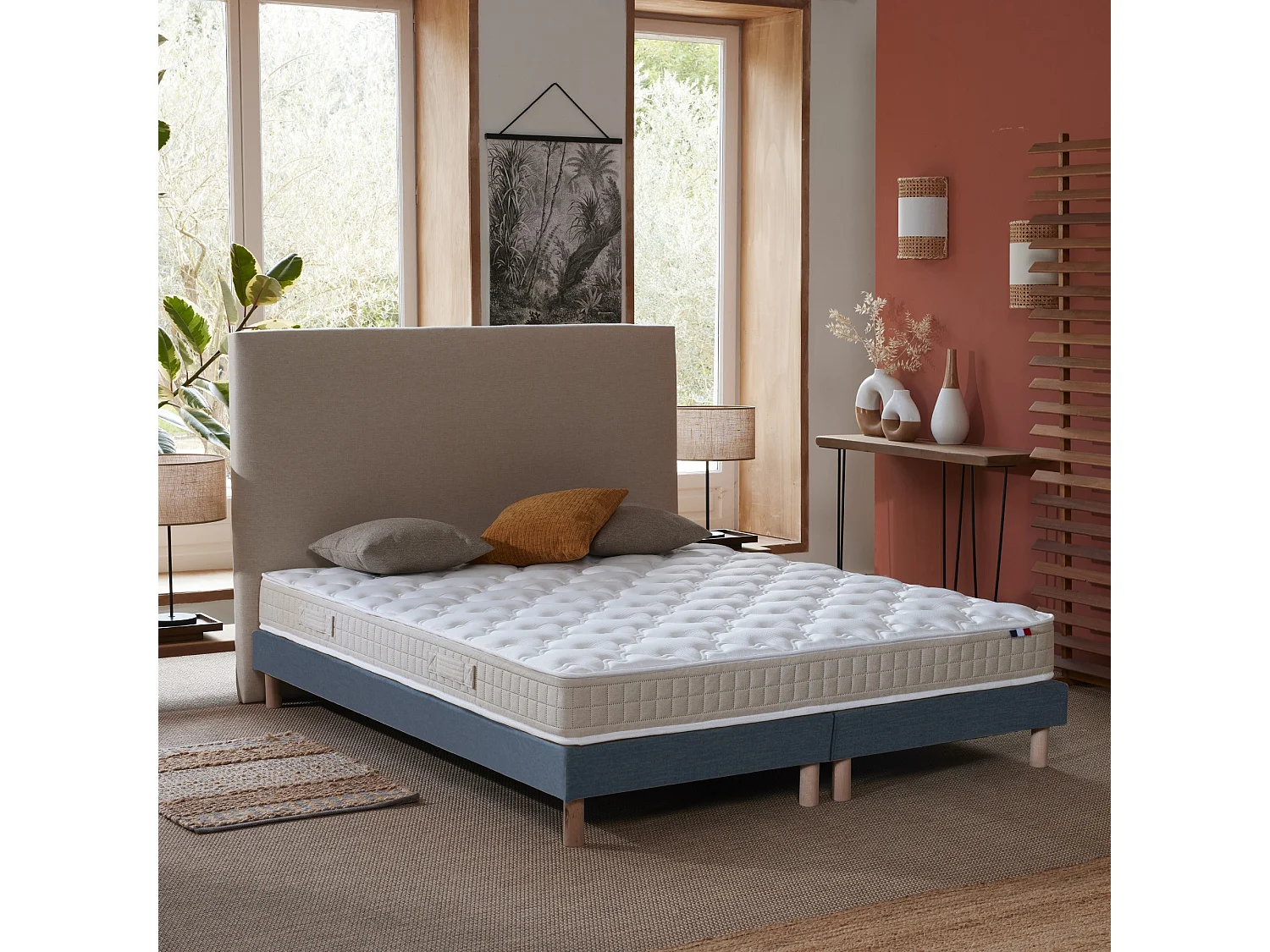 Ensemble matelas 100% latex 3 zones PURE avec sommier - confort français Dimensions - 2x80 x 200 cm, Sommier - Bleu denim