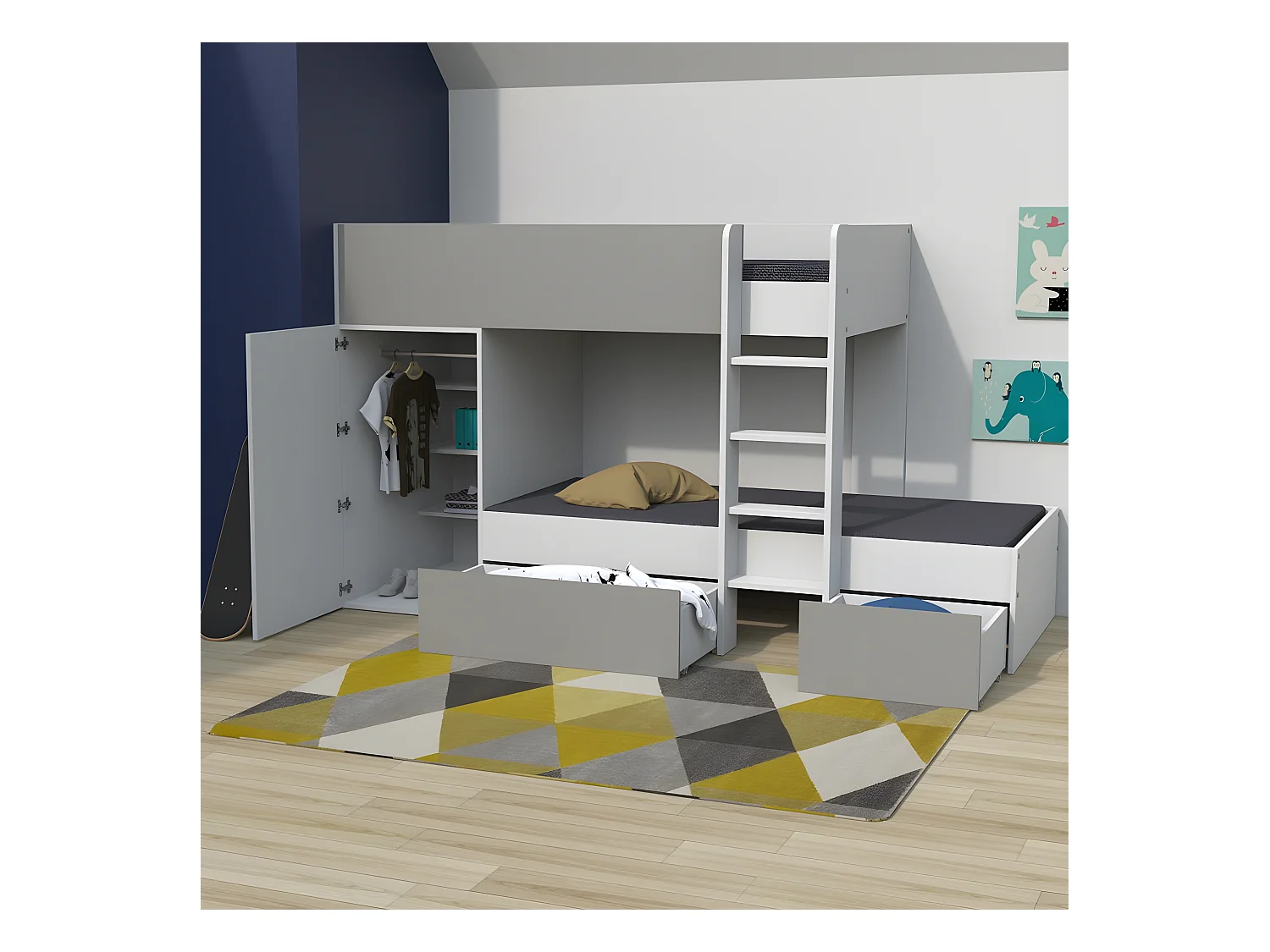 Lit superposé TWIN 90x190 avec armoire et tiroirs + 2 sommiers / Blanc et Gris