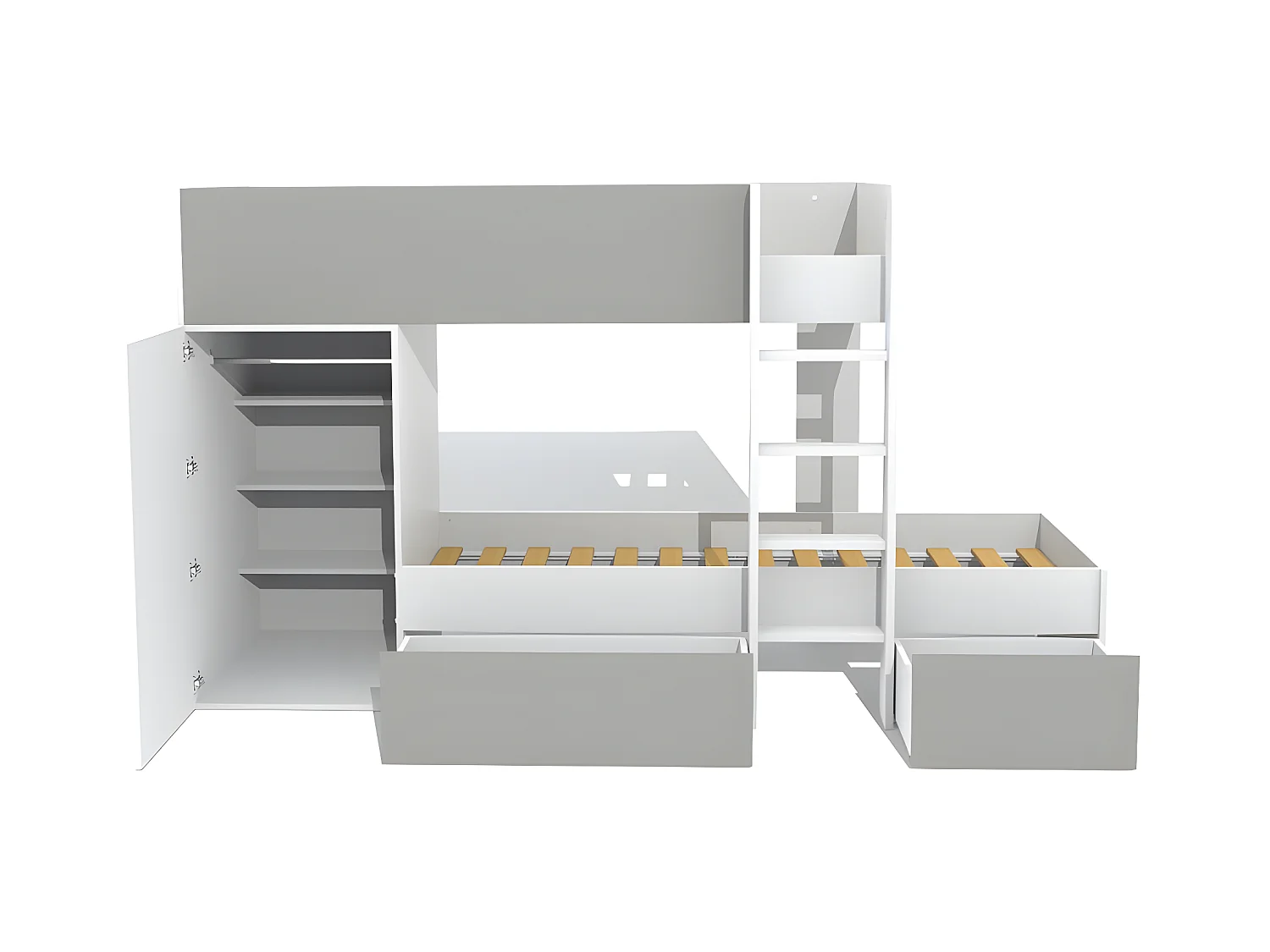 Lit superposé TWIN 90x190 avec armoire et tiroirs + 2 sommiers / Blanc et Gris