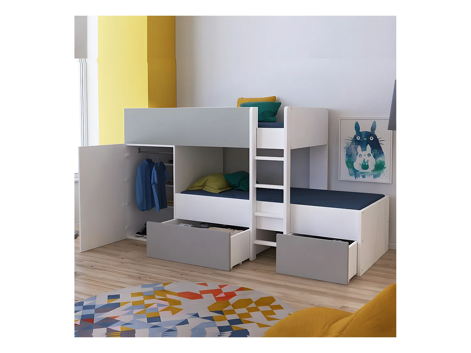 Lit superposé TWIN 90x190 avec armoire et tiroirs + 2 sommiers / Blanc et Gris