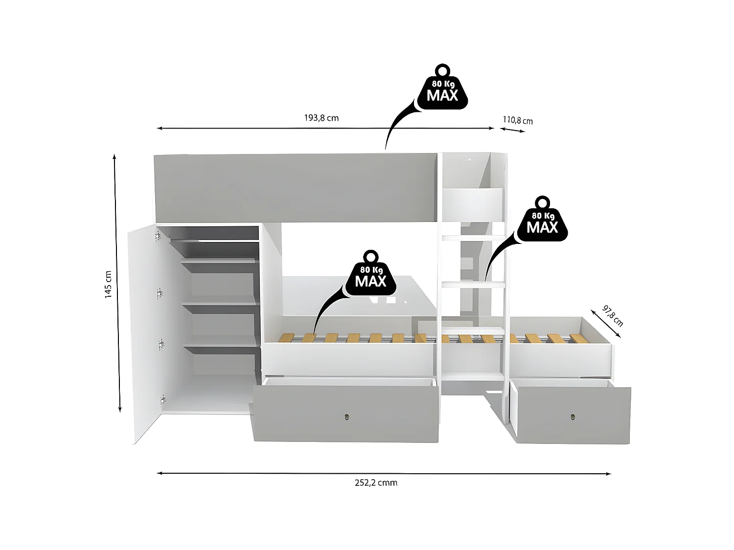 Lit superposé TWIN 90x190 avec armoire et tiroirs + 2 sommiers / Blanc et Gris