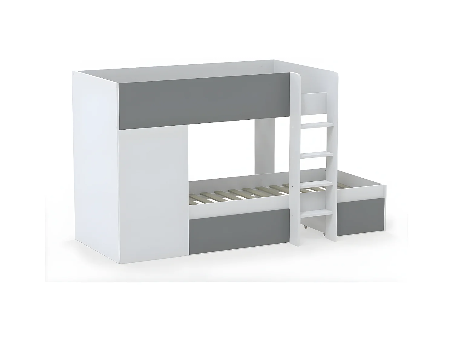 Lit superposé TWIN 90x190 avec armoire et tiroirs + 2 sommiers / Blanc et Gris