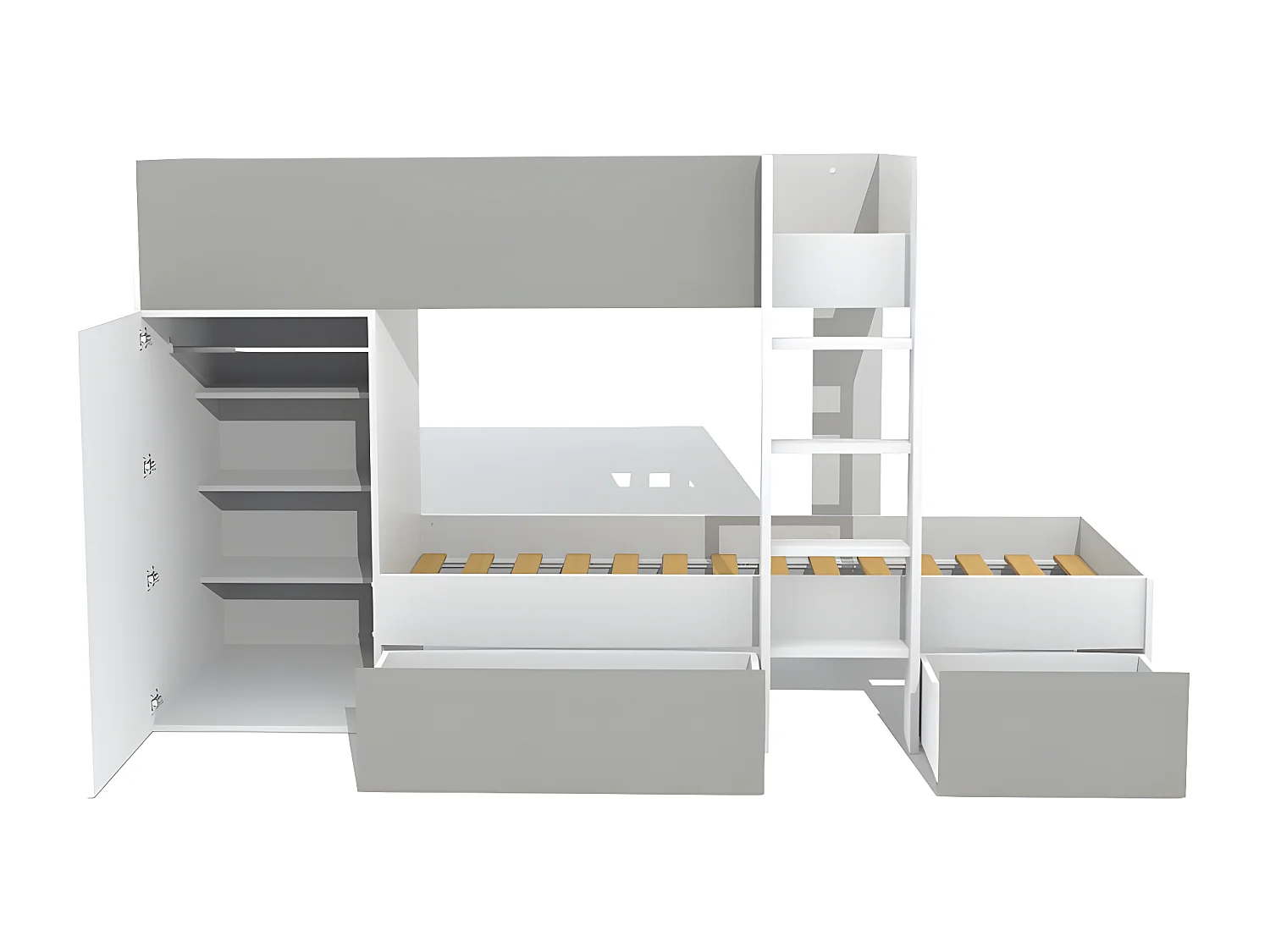 Lit superposé TWIN 90x190 avec armoire et tiroirs + 2 sommiers / Blanc et Gris