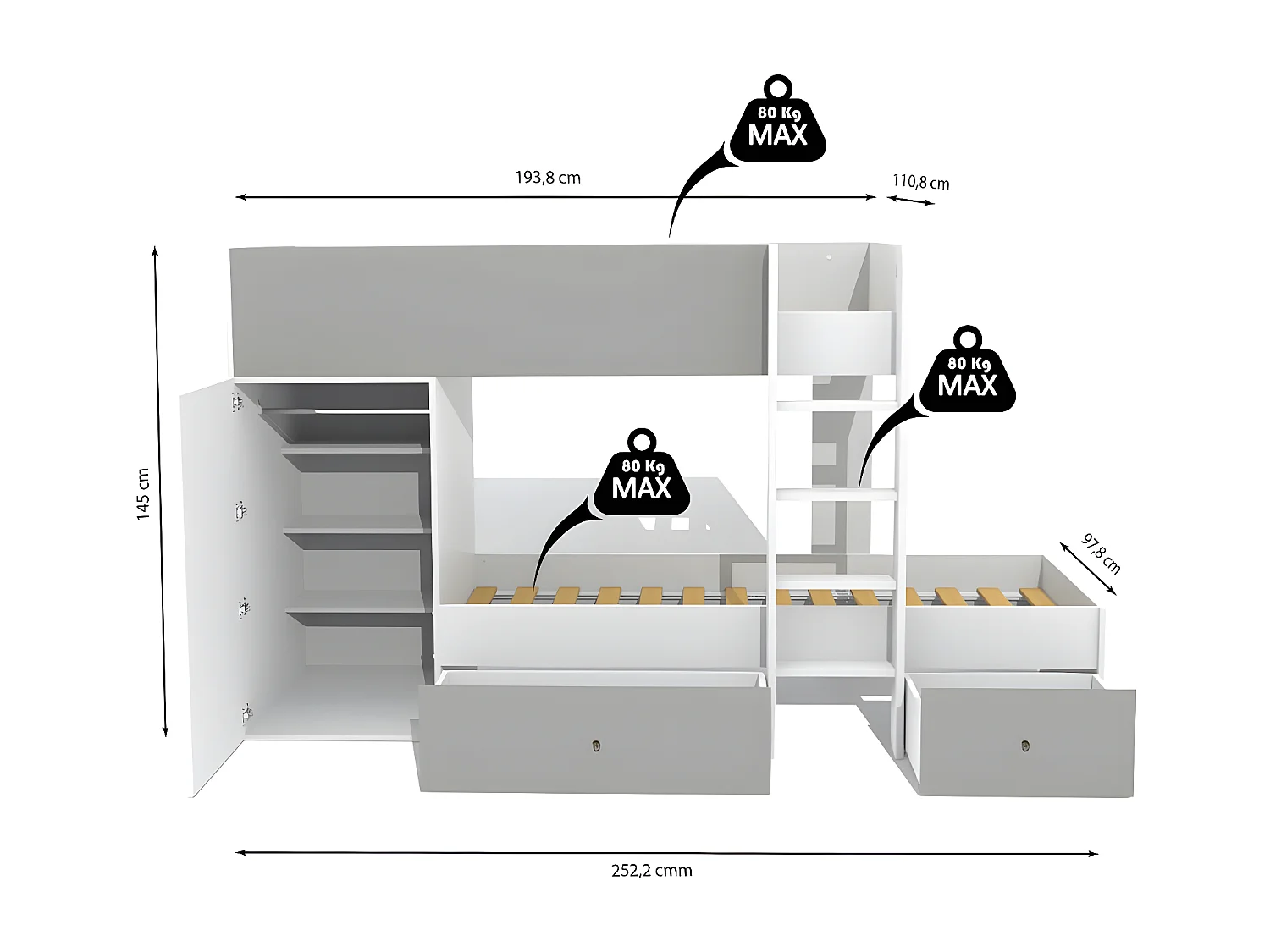 Lit superposé TWIN 90x190 avec armoire et tiroirs + 2 sommiers / Blanc et Gris